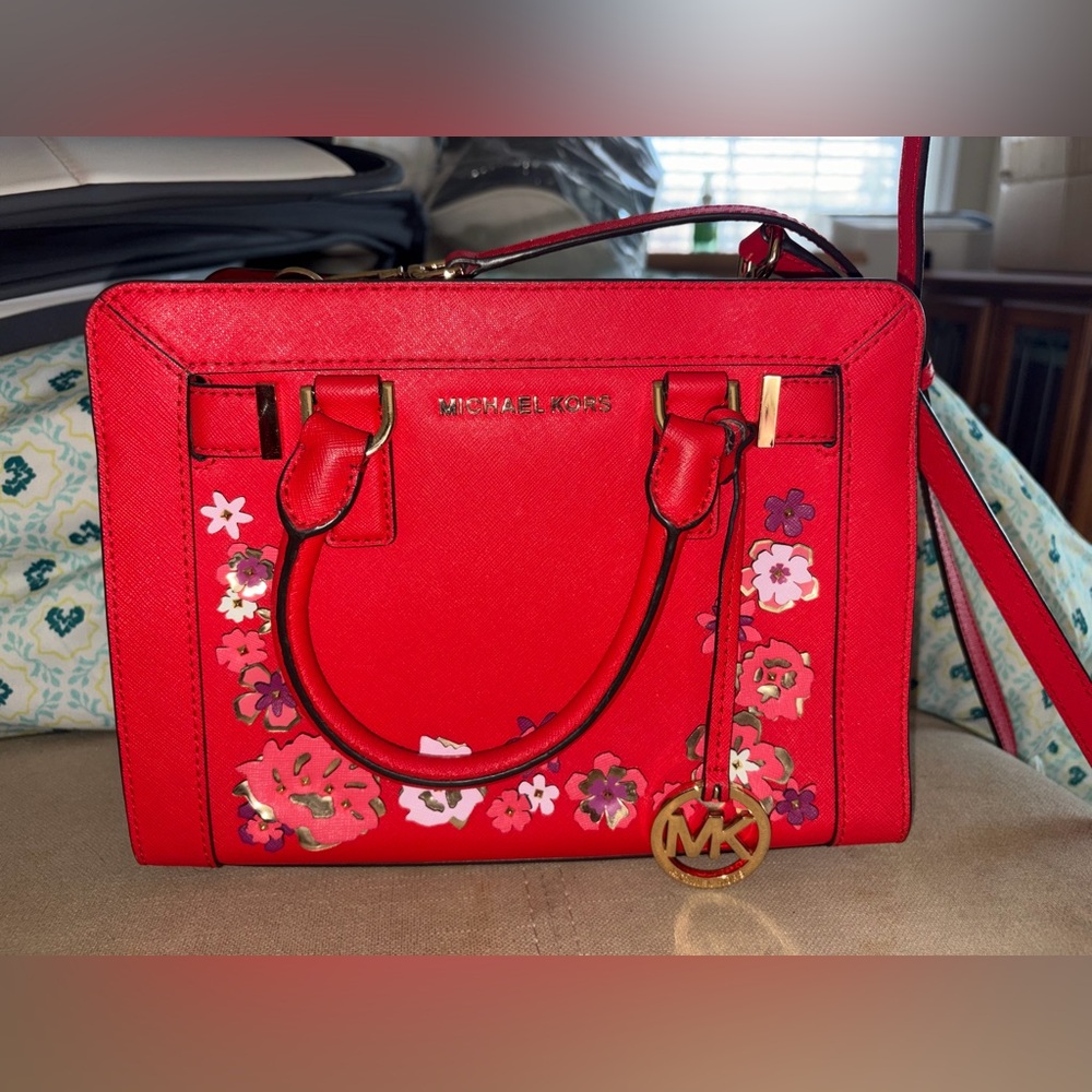 Michael Kors Red Floral Leather Bag Purse